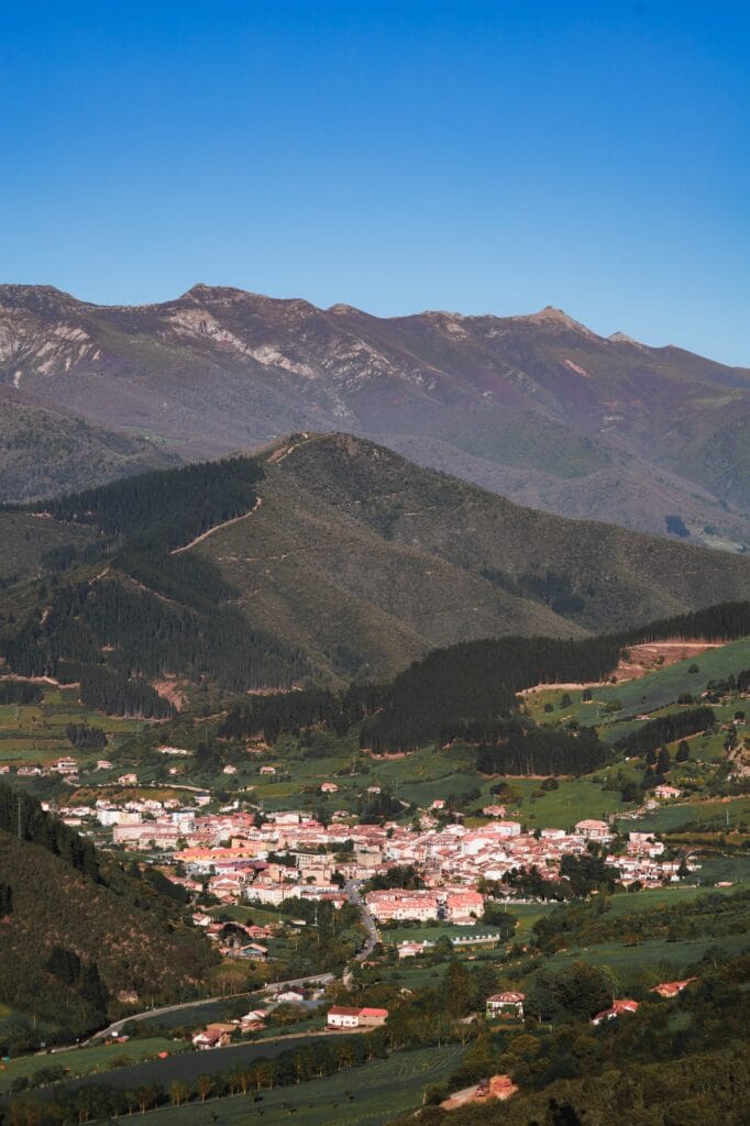 Aerial view of beautiful mountain village. Potes, Cantabria, Spain.