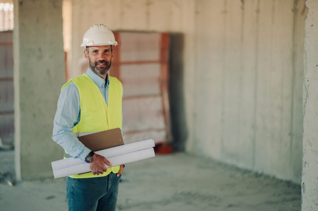 Architect holding blueprints and smiling at construction site
