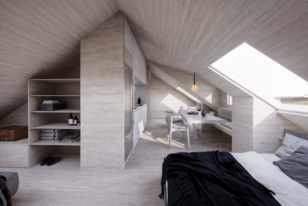 Dormitorio bajo techo inclinado con estanterías abiertas empotradas en madera.