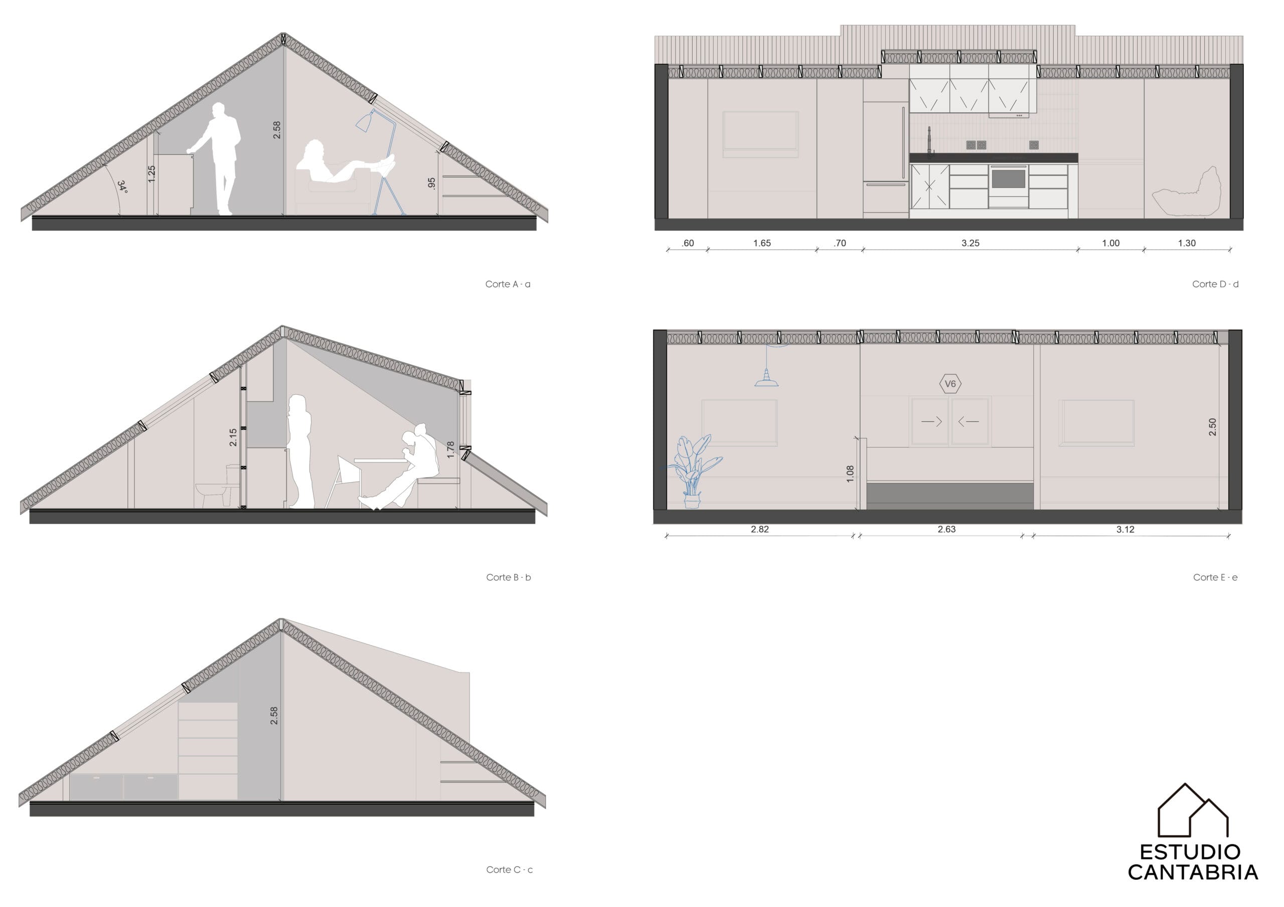 Secciones arquitectónicas de una buhardilla reformada, mostrando alturas útiles y organización interior.